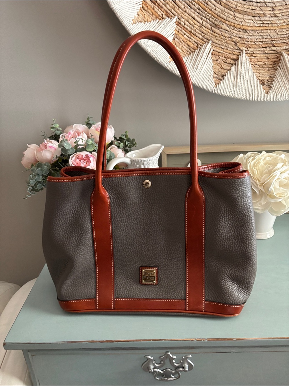Gray/taupe Tote Bag with Brown Trim - Classic Women's Tote